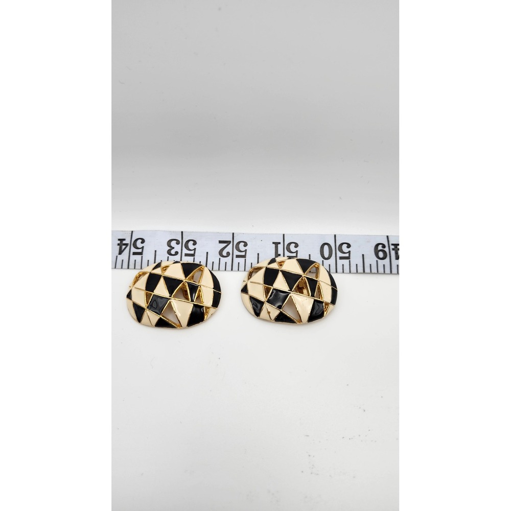 MUSI Clip-On Earrings Black Cream Enamel Gold Tone Geometric Oval Retro Vintage‎